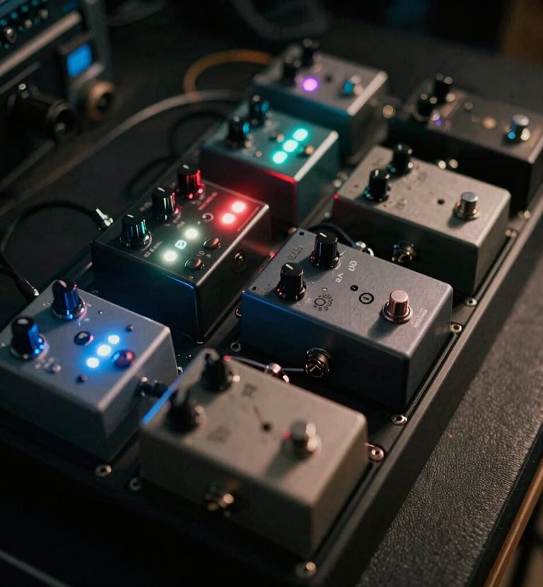 An overhead shot of an effects pedalboard with colorful lights glowing in a dark room. Gritty, authentic energy, captured with a cinematic shallow depth of field.
