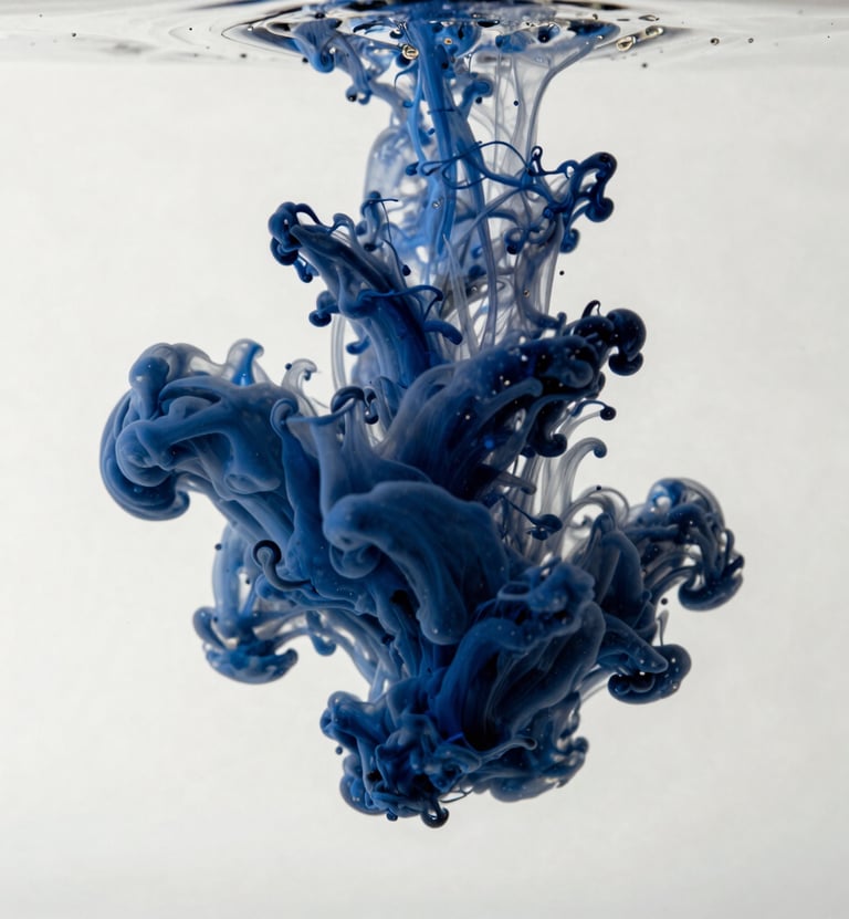 A top-down photograph of dark ink droplets dispersing in clear water, creating intricate, branch-like patterns in Deep Prussian Blue against a Soft Off-White void. Fluid and poetic.