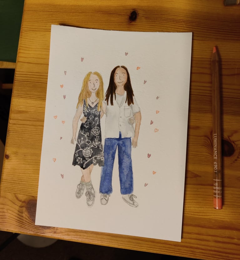 a personalised watercolour painting of a queer couple