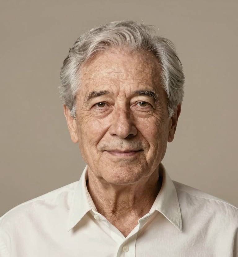 A classic studio headshot of a senior with a clean, modern aesthetic. Warm lighting, cream and taupe backdrop, professional composition, North American / US.