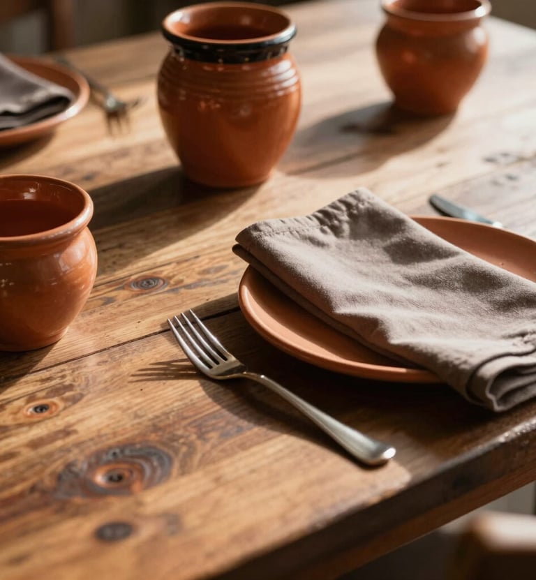 A detail shot of a rustic North American / US dinner table featuring terracotta-colored ceramics and muted earth brown napkins. Sun-drenched lighting creates long, cinematic shadows.