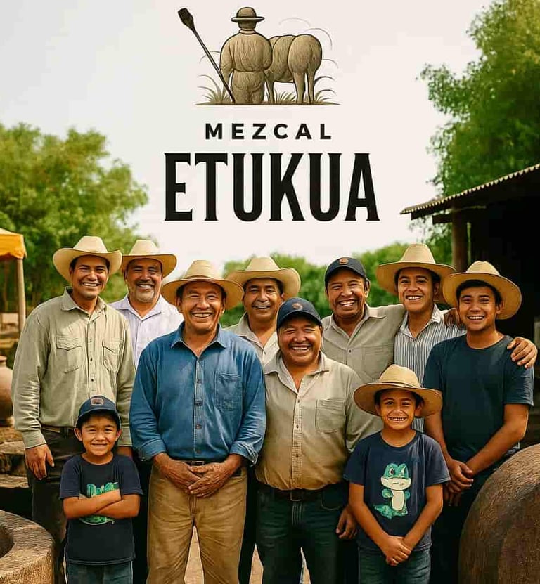 Grupo de maestros mezcaleros sonriendo en un palenque, mostrando orgullo por su trabajo.