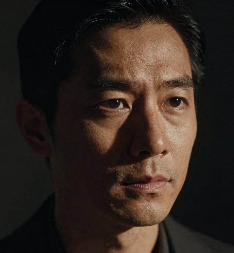 A cinematic close-up portrait of a man, lit from the side to create deep charcoal shadows. The focus is sharp on the eyes, with the background dissolving into midnight black. Professional film grain aesthetic.