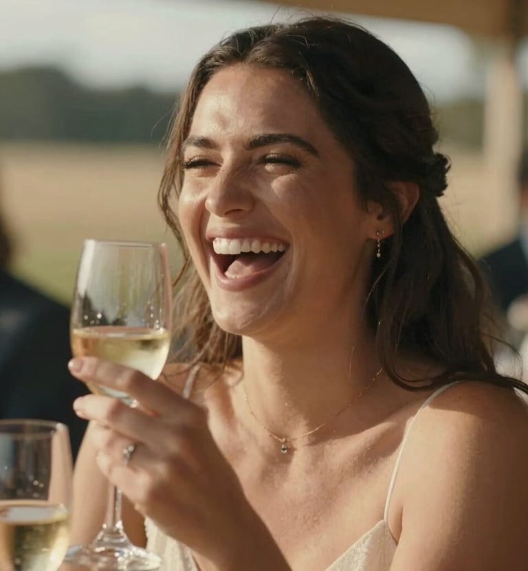 A candid close-up portrait of a woman laughing joyfully during a toast at a wedding. Cinematic lighting with warm sun-drenched tones, North American outdoor setting, soft bokeh background with charcoal and soft sand highlights.