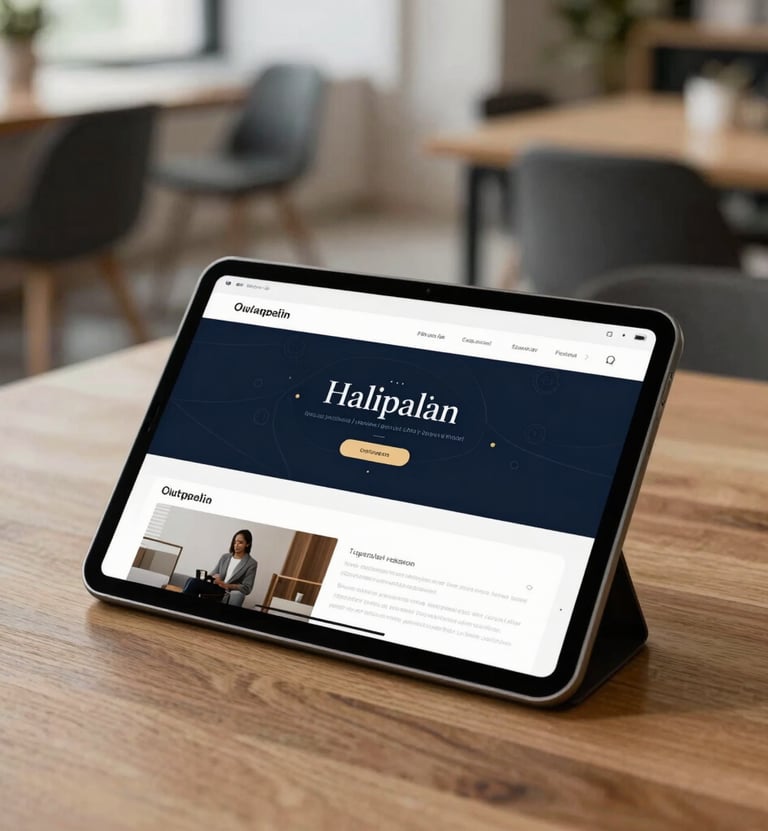 A sleek tablet displaying a mobile app interface with clean, modern UI design, resting on a minimalist wooden table in an International / Western co-working space. The screen shows a brand aesthetic dominated by dark charcoal navy.