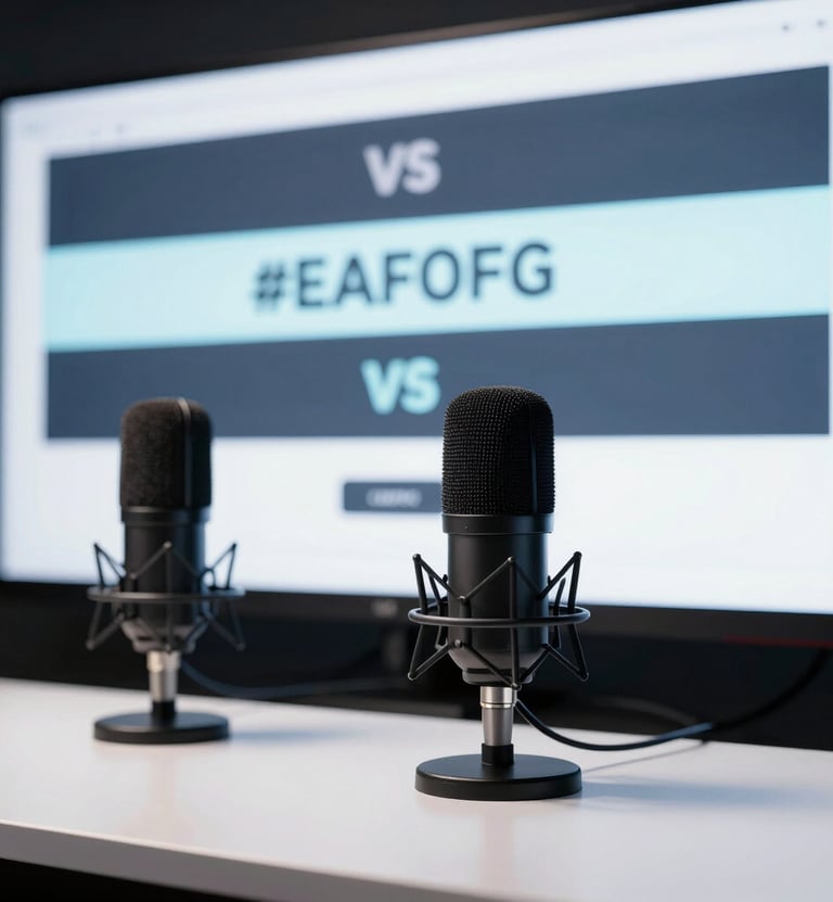 A minimalist shoutcaster desk setup with two professional microphones and headsets. In the background, a large LED wall displays high-contrast tournament graphics in #1F2E3A and #EAF0F5.