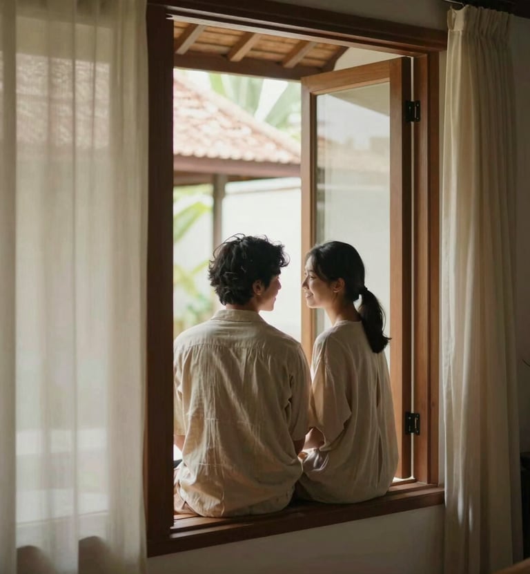 An intimate indoor shot of a couple sharing a quiet moment by a large window in a traditional Balinese villa. Warm wooden textures in #7B6654 contrast with soft #F8F5EF linen fabrics. The lighting is soft and directional, highlighting the emotion on their faces in a minimalist, serene composition.