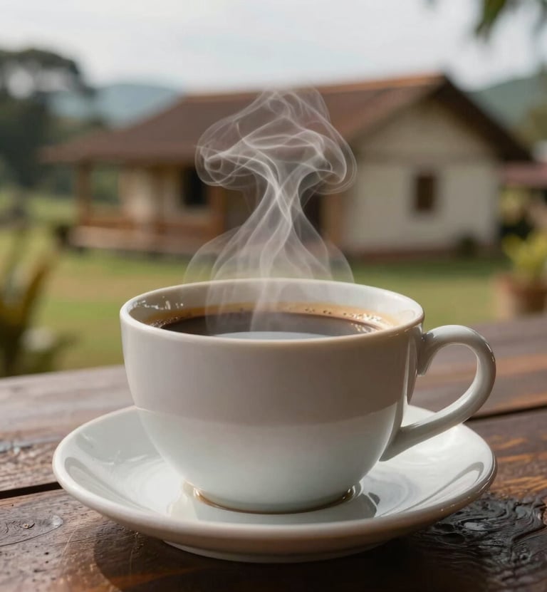 A close-up of a steaming ceramic cup of coffee on a dark wooden table, soft light catching the steam, with a blurred South American / Latin plantation house in the background, inviting and warm mood.