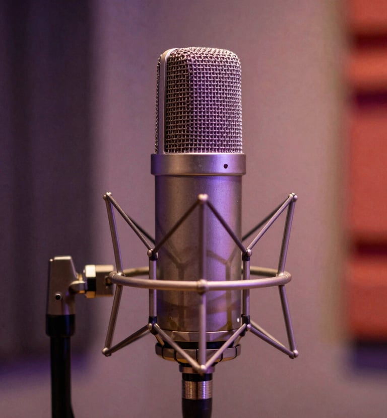 A close-up photography of a professional studio microphone in a dimly lit Venezuelan music studio, soft warm lighting hitting the metallic surface, muted purple and coral tones in the soft-focus background, sophisticated and soulful vibe.