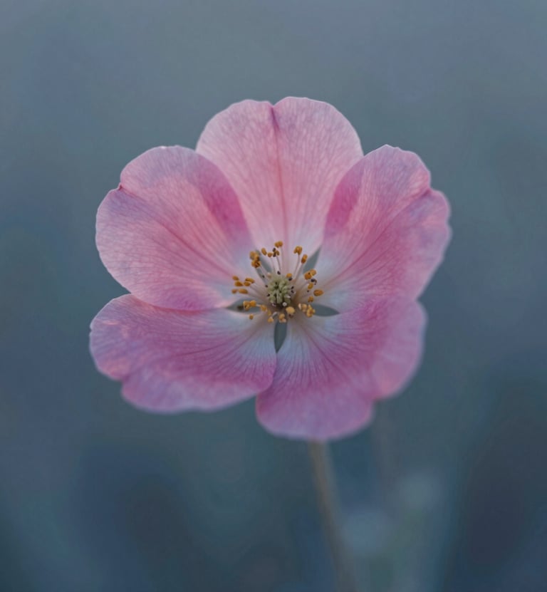 A macro photography shot of a delicate wildflower in a North American / US meadow. Soft morning light, highlighting textures. Muted rose petals against a soft blue-grey background.