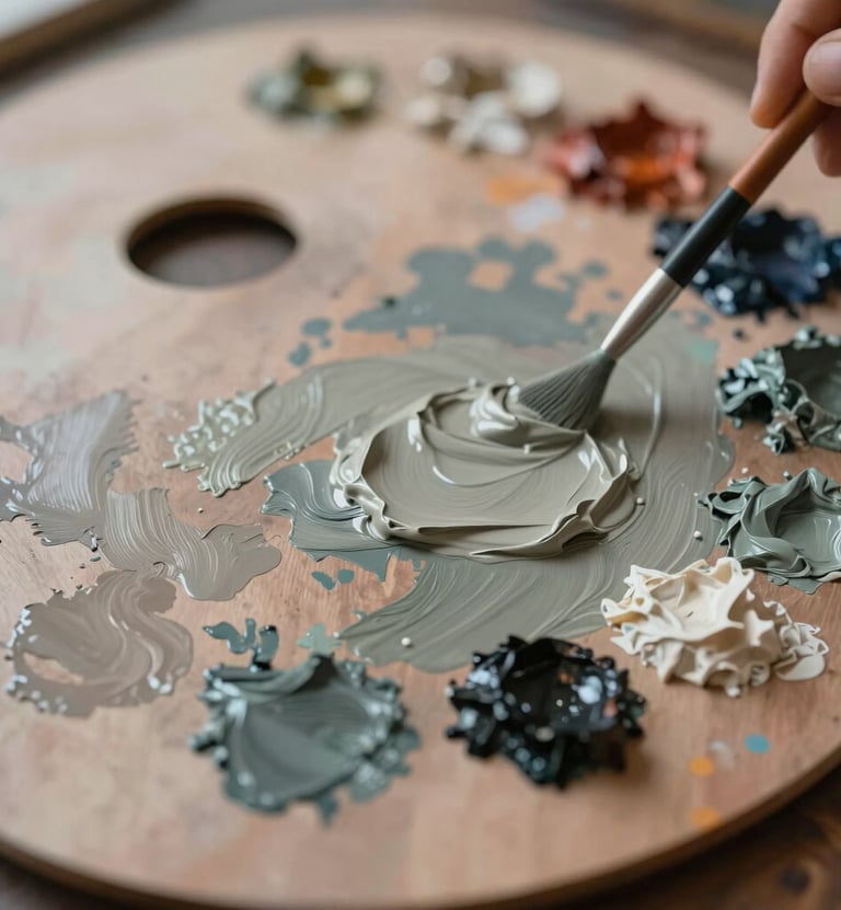 A close-up photograph of an artist's palette with thick textures of #6B705C and #C8C0B2 paints being mixed. Soft side-lighting highlights the creamy consistency of the oil paint, creating a contemplative and tactile feel consistent with an elegant art sanctuary.