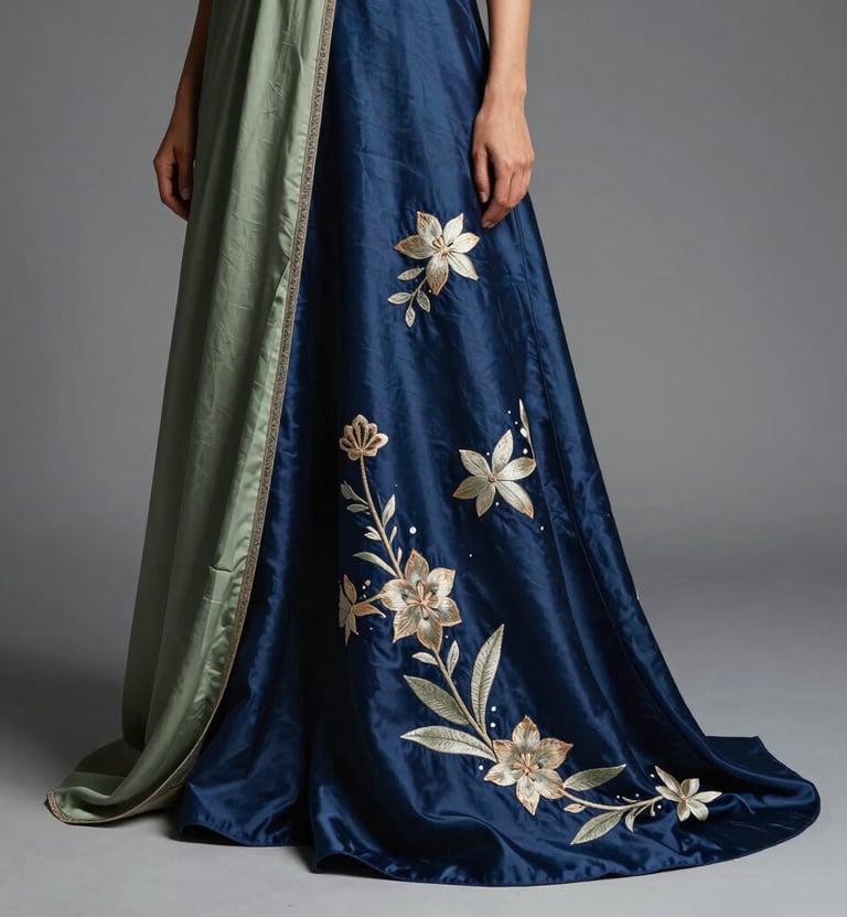 A high-fashion editorial photograph of a silk garment featuring intricate hand-embroidery. The fabric is a deep indigo blue with muted sage green details, draped elegantly in a modern East Asian / South Asian influenced for a global luxury audience studio setting with soft side lighting.