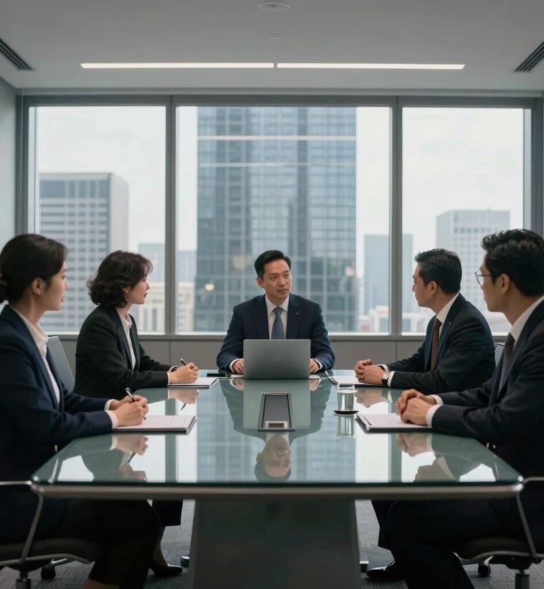 A high-end, minimalist corporate boardroom in a North American skyscraper. Professionals in sophisticated attire are gathered around a sleek glass table for a film distribution strategy meeting. Cinematic lighting with deep shadows and soft navy and gray accents.