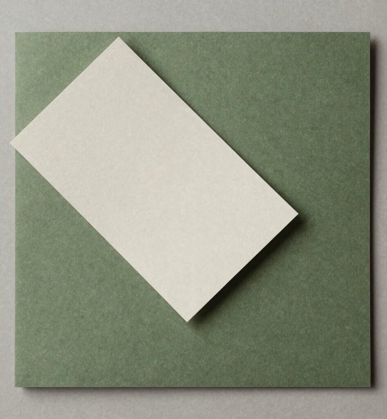 A top-down photograph of high-quality paper texture samples in shades of moss green and off-white. Minimalist composition on a neutral surface, soft natural lighting, South American studio aesthetic.