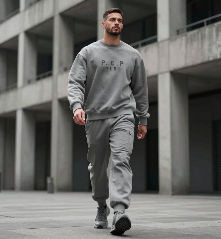 A low-angle shot of P.E.P YLS walking through a urban landscape with brutalist architecture. He is wearing a monochromatic #3D2C20 outfit. The composition is clean and modern, highlighting his powerful persona.