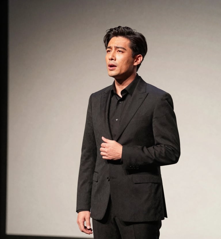 A sophisticated medium shot of a contemporary actor performing a monologue on a minimalist stage, dramatic spotlighting in off-white tones, North American / US theater setting, elegant and modern mood.
