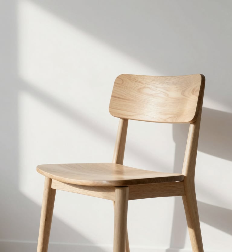 An aesthetic interior detail. A designer chair in pale wood placed in front of a white wall. The sunlight creates a soft, rectangular pattern on the wall. The style is very clean, inspired by modern creative agencies.