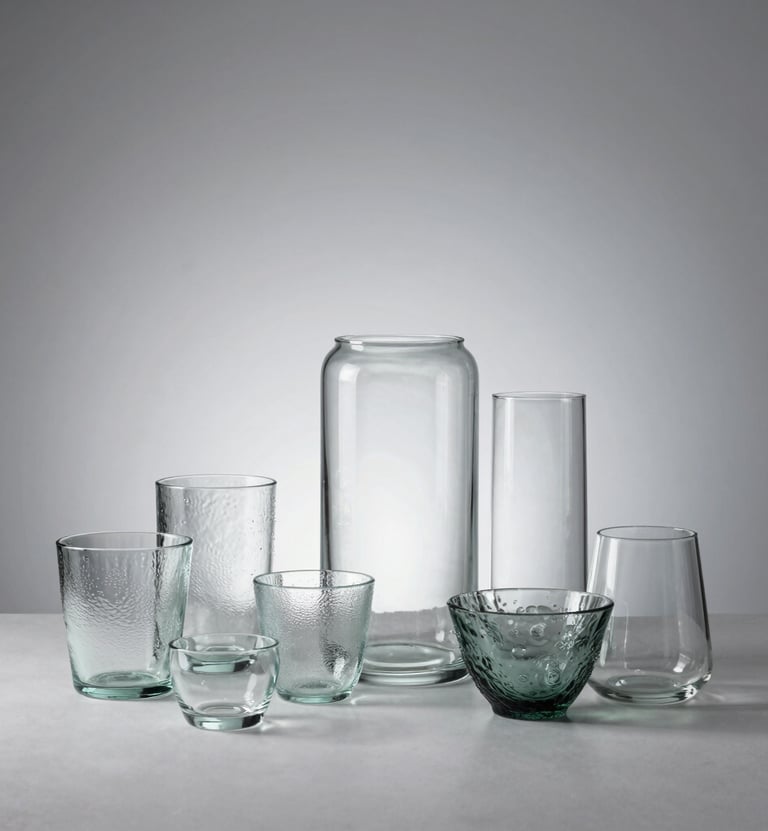 A minimalist studio setup with various textured glass objects, captured in soft natural light against a pale silver background, reflecting a professional photography studio in Central Europe.