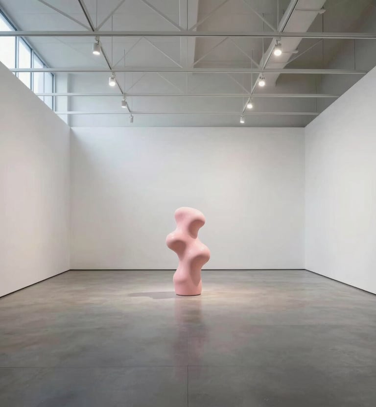 A wide shot of a minimalist gallery space in the North American / US. White walls, a single soft pink sculptural element in the center, and high ceilings with industrial geometric lines, reflecting a sophisticated Bauhaus aesthetic.