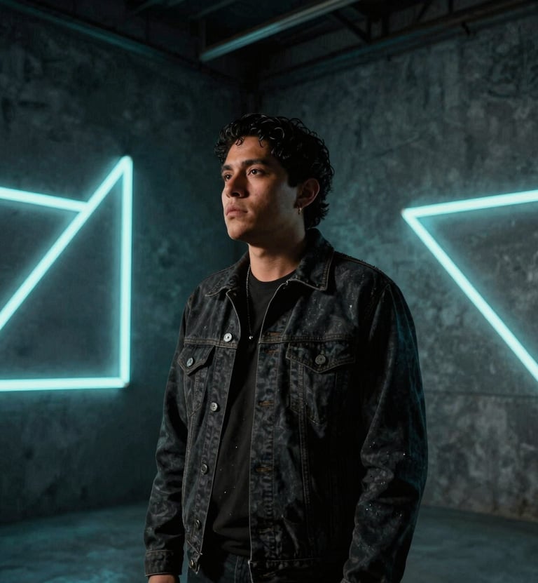 A still from a music video featuring a South American / Colombian artist in a dark gunmetal gray industrial loft. Geometric patterns of electric neon cyan light are projected on the walls. Moody, emotional atmosphere.