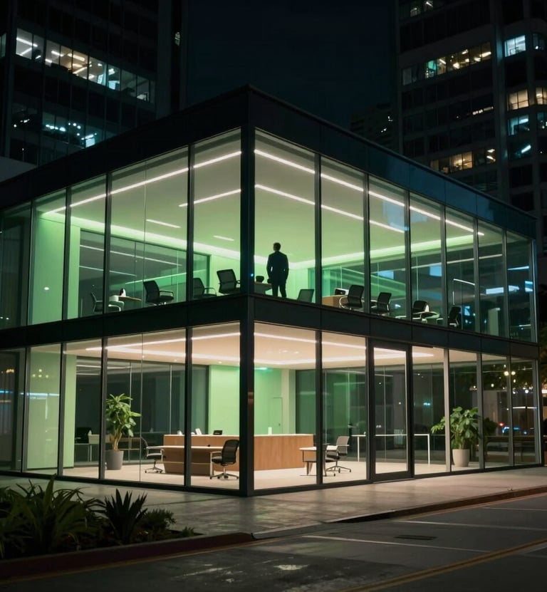 Cinematic shot of a modern, minimalist glass-walled office in a Brazilian metropolis at night. The interior is dimly lit with subtle neon green accents. Professional, elite, and strategic atmosphere.