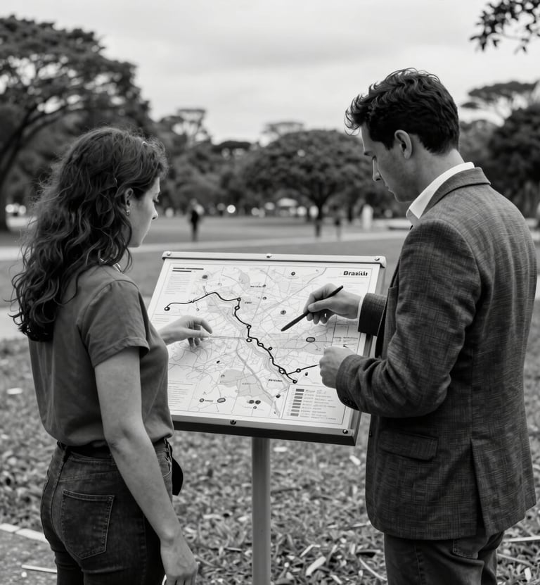 Black and white editorial photography of an environmental guide showing a map to a visitor, both in contemporary professional attire, set in an open-air park environment in Brasília.