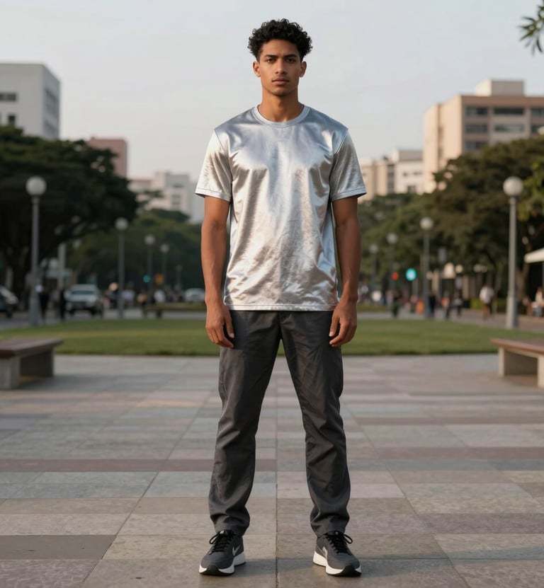 Full body photography of a charismatic South American / Brazilian male model posing in high-end streetwear. The outfit features silver and charcoal tones. Set in a minimalist urban park in Brazil, clean composition, soft evening sunlight.