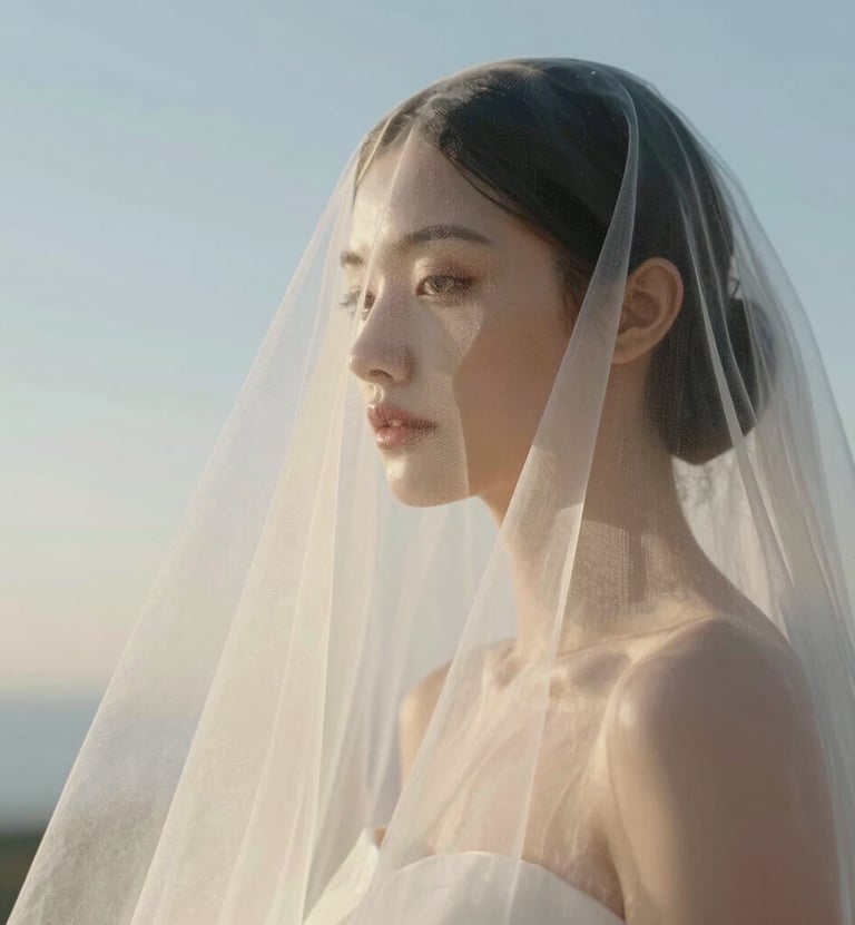 A detailed close-up shot of a sheer minimalist off-white bridal veil catching the wind. Photographed against a clear, soft-toned sky. Clean, professional photography with a luxurious feel.
