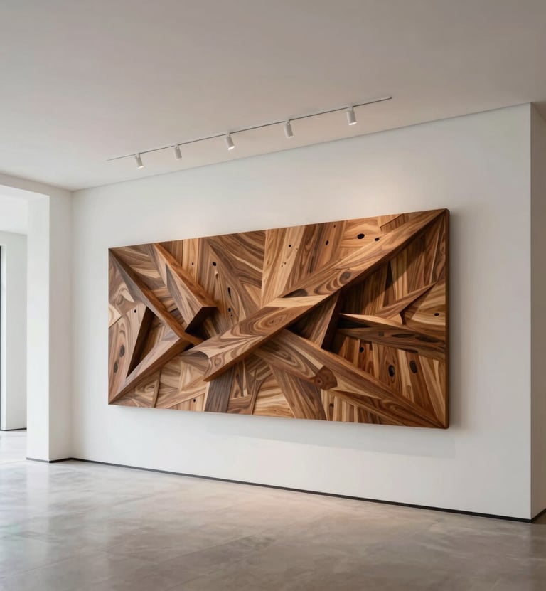 A wide interior shot of a contemporary North American home featuring a large wall-mounted wood sculpture by Golestan Timber Arts. The room has high ceilings, white walls, and clean architectural lines, creating a serene, museum-like atmosphere with soft, natural lighting.