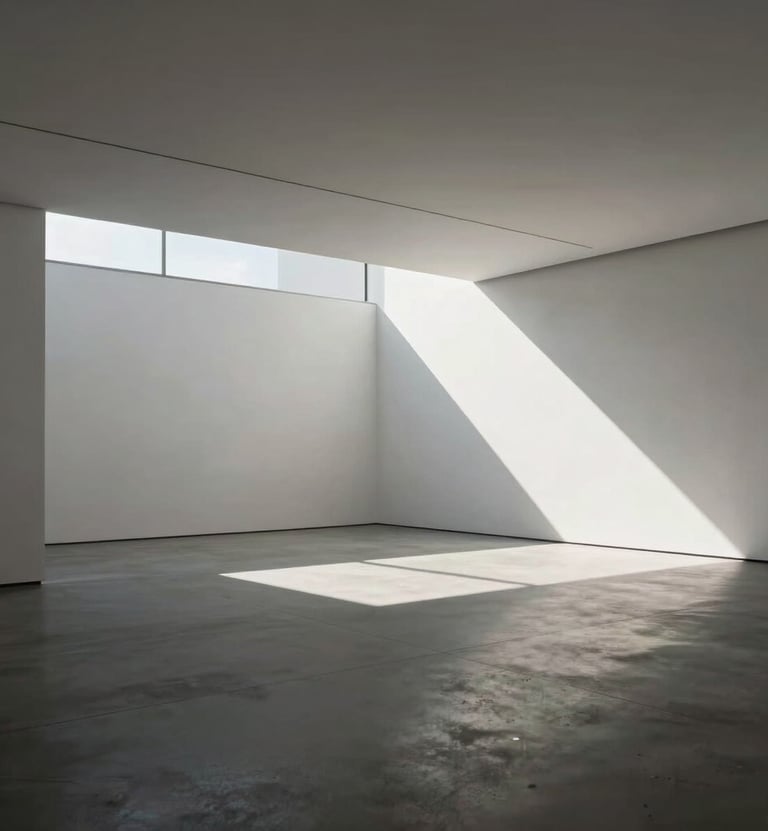 Wide-angle architectural photography of a minimalist gallery space with sharp geometric shadows and white walls. High precision and sophisticated atmosphere. International / Professional.