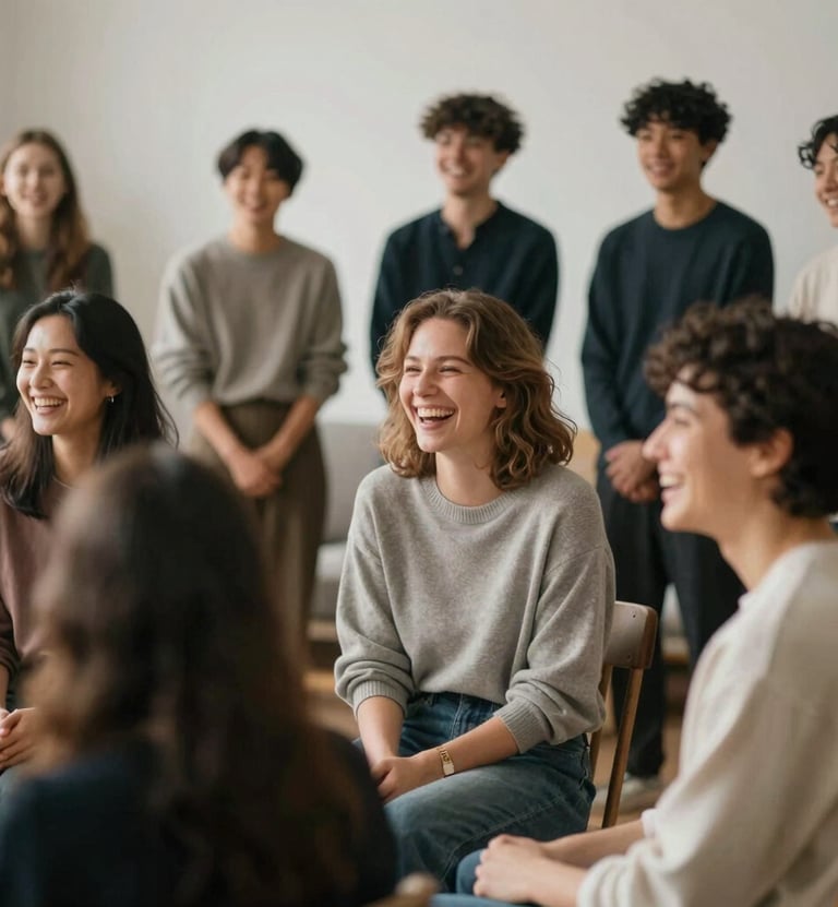 A diverse group of young actors laughing and interacting naturally during a casting session. Soft, high-end fashion lighting. Scandinavian cozy interior design.
