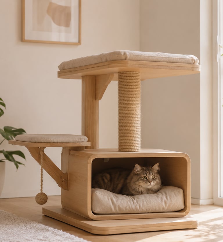 Multifunctional wooden cat furniture with a cozy bed, sisal post, soft cushion and warm natural light.