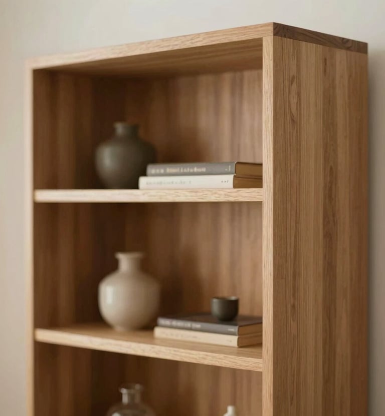 Interior detail of a bespoke wooden shelving unit. Soft, warm lighting emphasizes the craftsmanship. A few personal family items are tucked into the shelves, adding a personal storytelling touch.