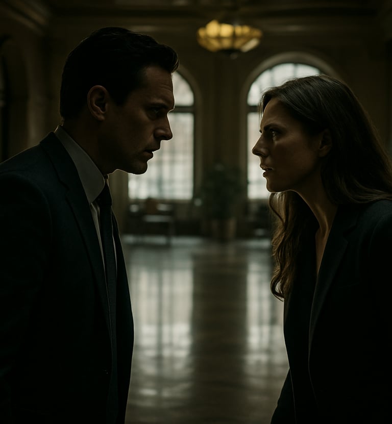 A dramatic production still of two characters in a high-stakes conversation inside a luxury hotel lobby, North American style. Deep shadows and bright off-white light filtering through large windows, creating a cinematic atmosphere.