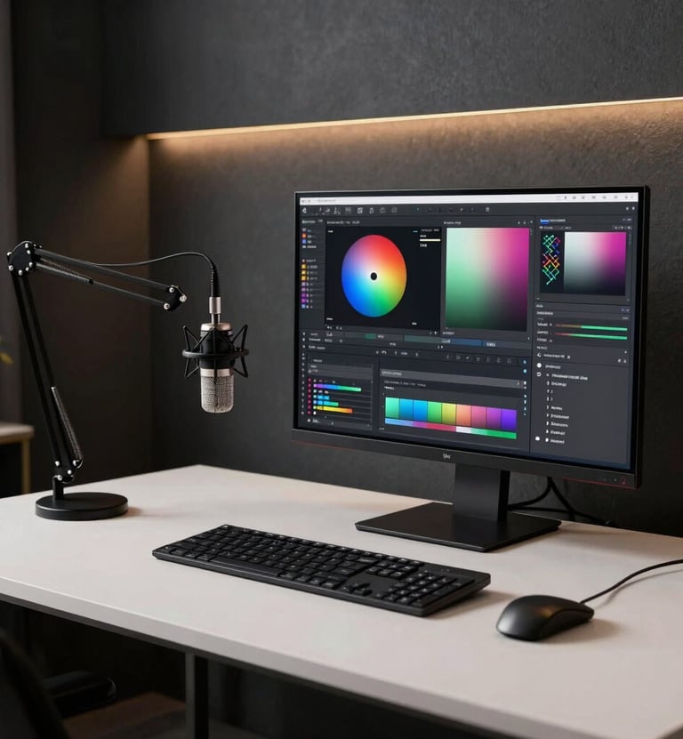 A high-end virtual office setup with a sleek minimalist desk, professional microphone on an arm, and a large monitor showing a color-grading interface. The room has dark charcoal walls and subtle gold ambient lighting. Global / Western.