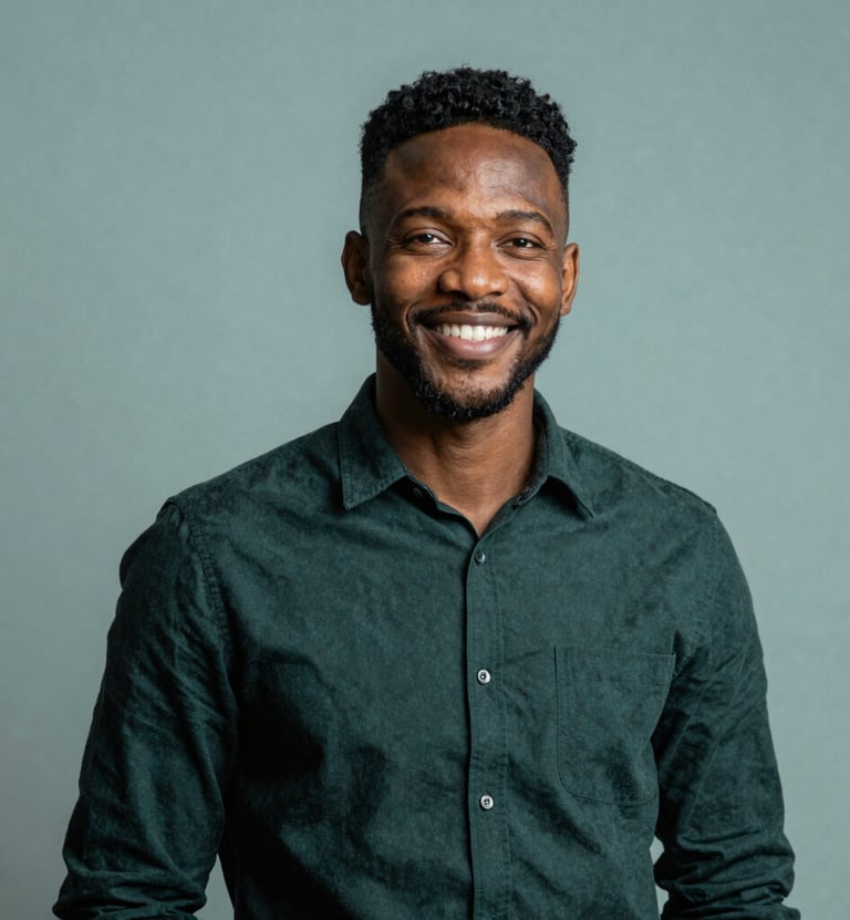 A sophisticated individual portrait of a professional in a modern South African studio, with lighting that creates a Sage Teal mood. The composition is clean and inviting.