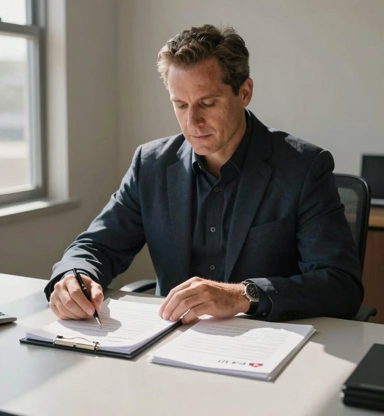 Medium-wide shot of a Texas real estate agent seated at a closing table, hands resting on a stack of transaction documents, pen visible, plain office environment, daylight from a side window casting clean shadows, no staging or lifestyle warmth