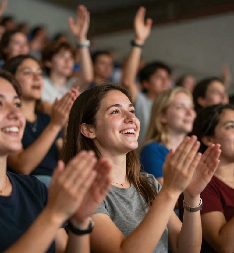 A group of spectators from a low angle, cheering and clapping with intense emotion. Warm light hits their faces, creating a friendly and human-centric atmosphere. Depth of field is shallow.
