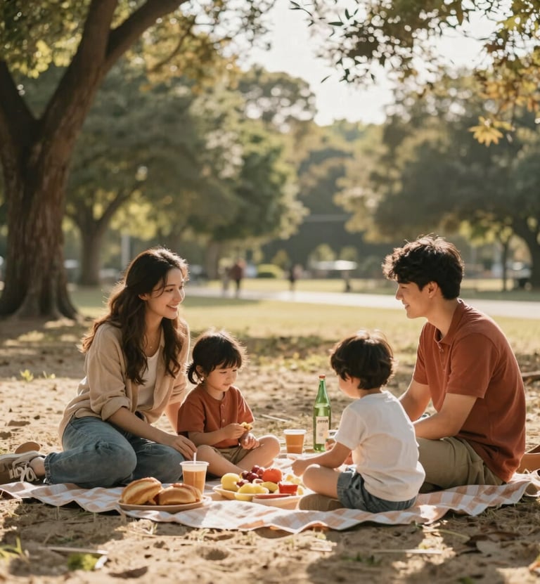 Cinematic lifestyle photography of a young family enjoying an outdoor picnic in a North American park. Warm, sun-drenched afternoon light filters through the trees. Soft sand and terracotta tones in their clothing. Authentic storytelling style.