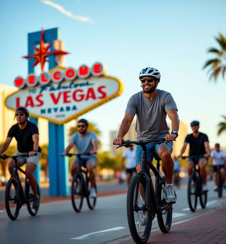 tourists riding electric bikes on a private tour at the welcome to las vegas sign