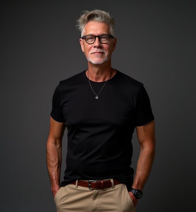 a man with a beard and glasses on a black background