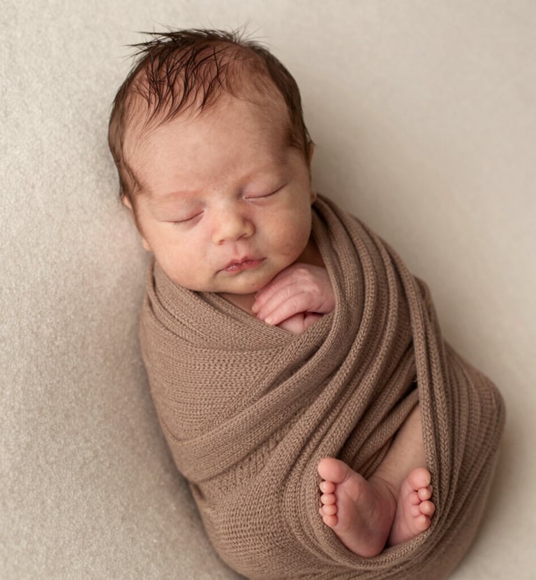 An intimate photography shot of a newborn baby peacefully sleeping, wrapped in a Soft Brown knitted textile. The setting is bright and light with Cream textures, creating a sophisticated and warm atmosphere typical of high-end family photography.