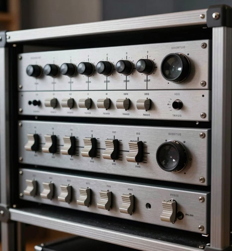 A clean, architectural shot of a studio equipment rack containing high-end outboard gear like compressors and equalizers. The brushed metal surfaces reflect the soft lighting of the room in light grey tones, creating an aesthetic of technical excellence.