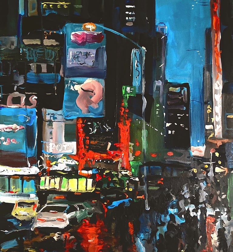 a painting of a city hustle an bustel scene with a bus and a bus