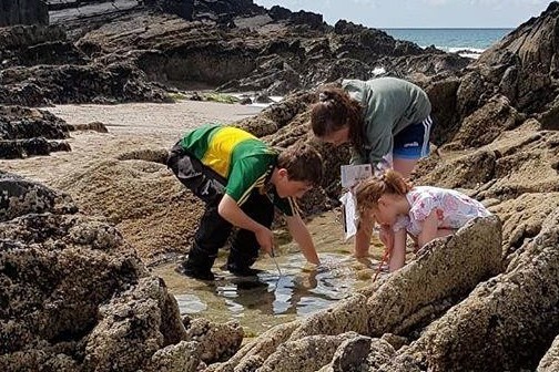a woman and two children playing in the water