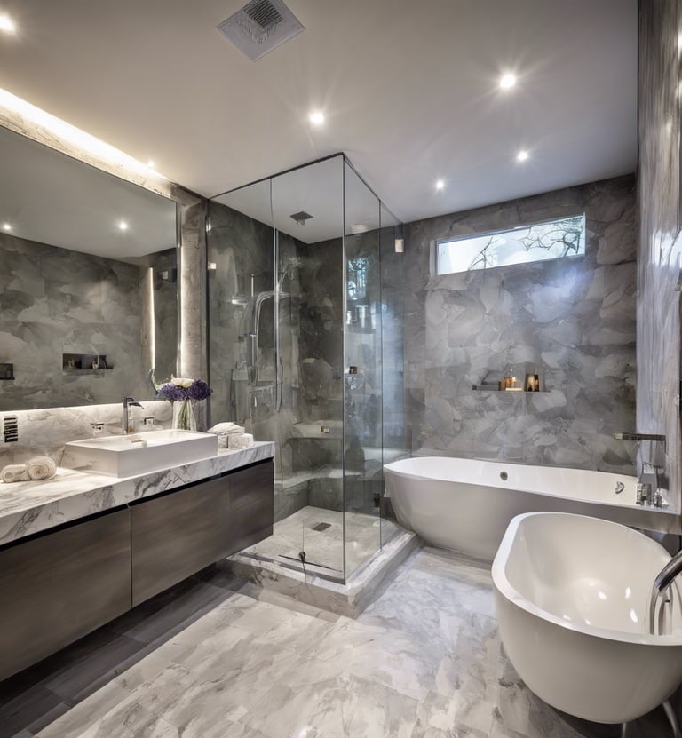 a bathroom with a tub tub and a large mirror
