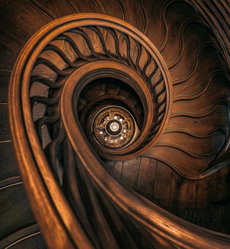 a spiral staircase case with a wooden spiral staircase
