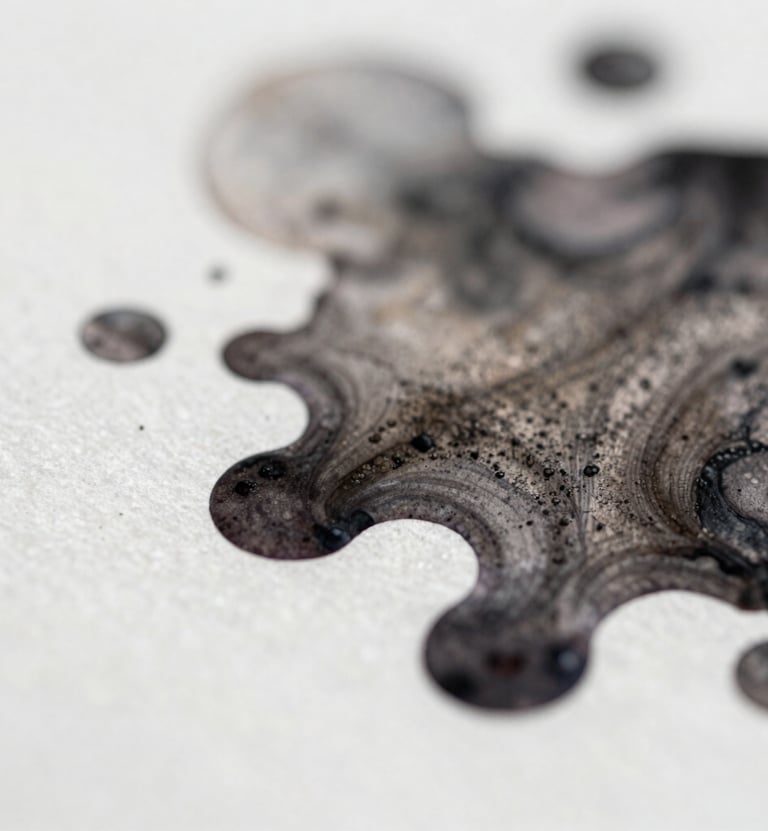 Macro shot of ink bleeding into textured paper. Abstract and intimate, suggesting the start of a journal entry. Colors: #3E352B, #F8F3EC.