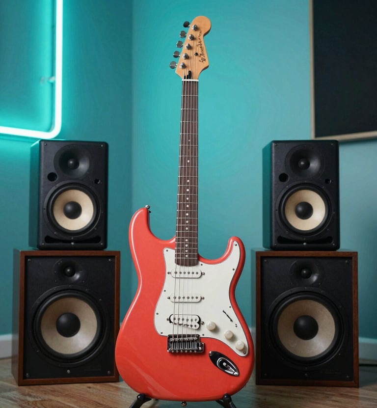 A vibrant salmon red electric guitar standing next to professional audio speakers in a stylish International / English-speaking home studio with bright turquoise teal neon wall art.