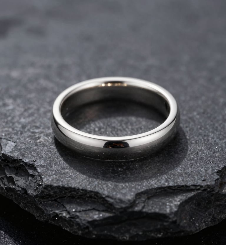 A detailed studio photograph of a polished silver ring resting on a smooth dark charcoal stone. The lighting is precise, creating elegant highlights and deep shadows, reflecting a professional and refined aesthetic in a Northern European setting.